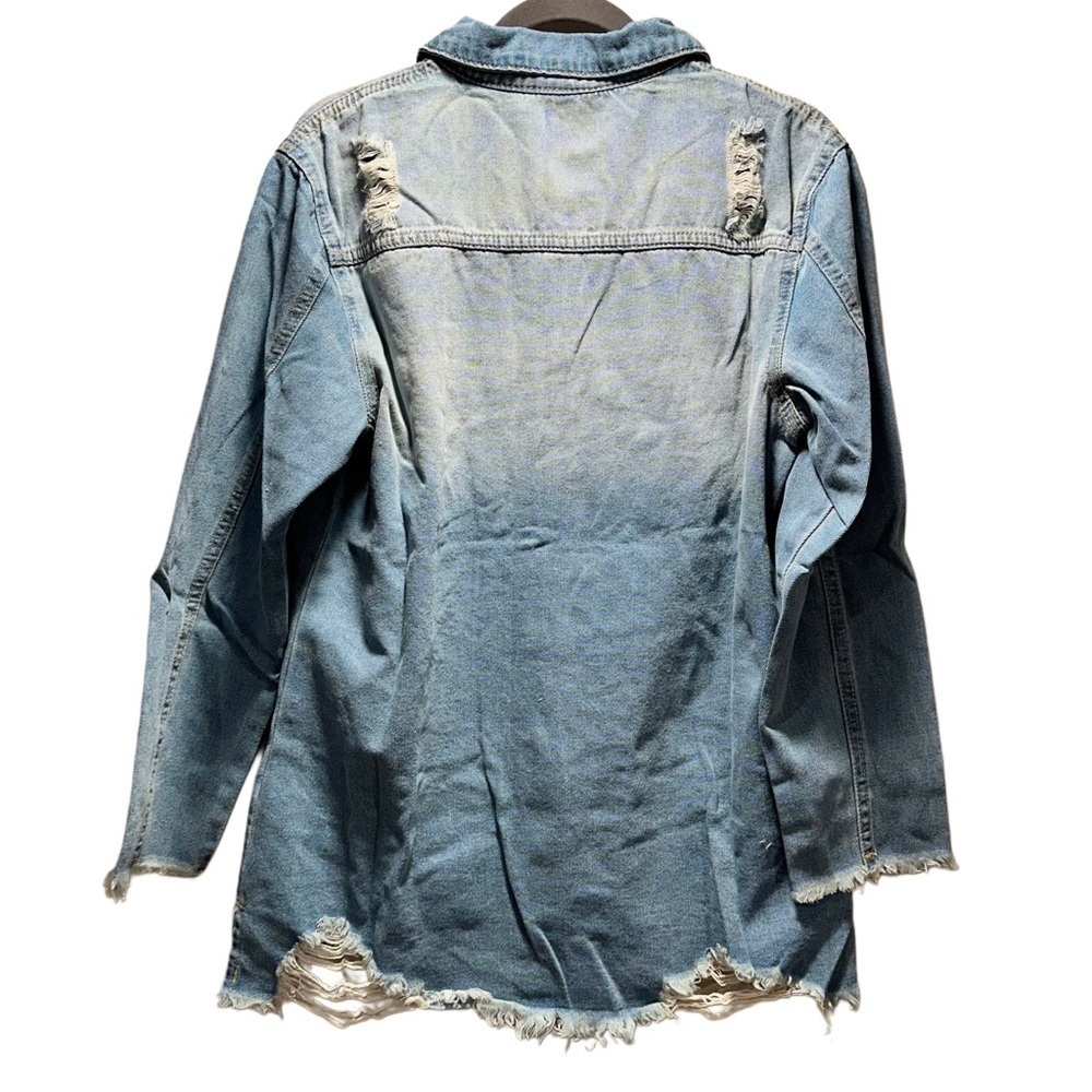 NEW Raw Hem Denim Cotton Jean Jacket Distressed Frayed Hem Front Button Closure - Picture 6 of 16